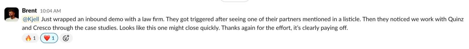 Slack message from Brent about an inbound demo with a law firm, end of 2025