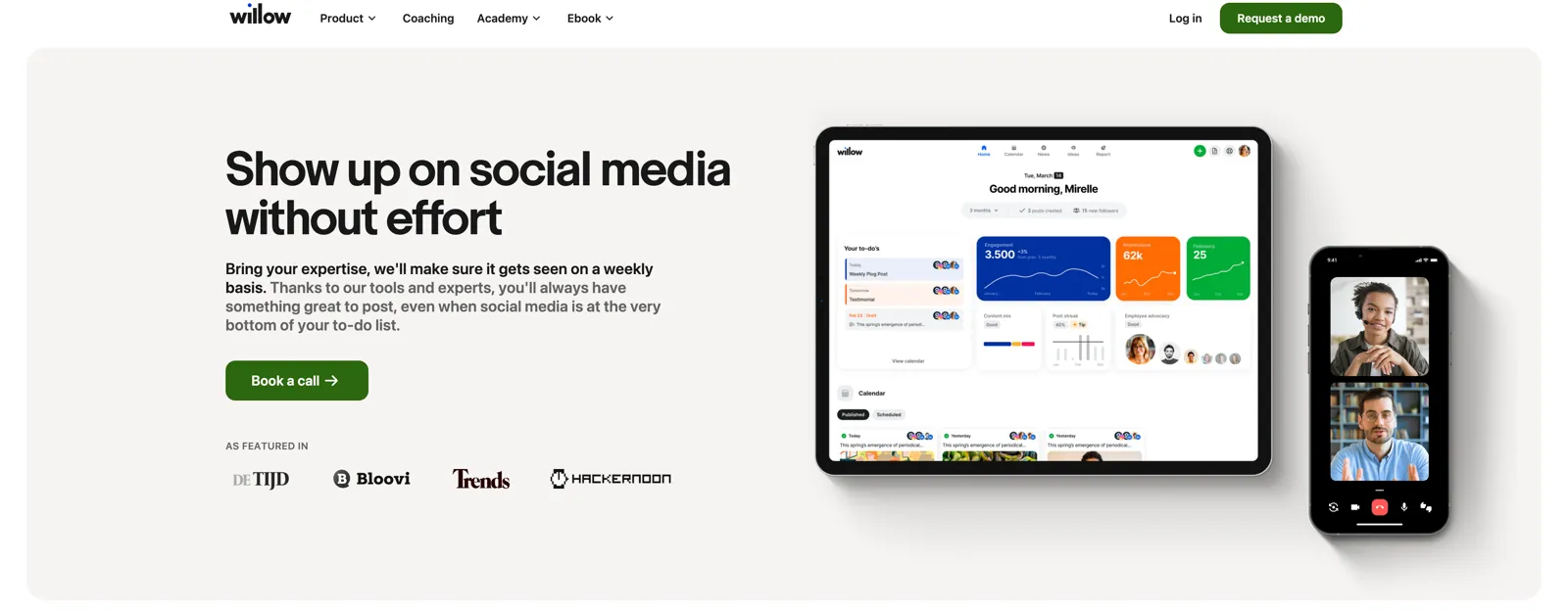 willow.co in January 2025: a green, product-led homepage promising social media without effort