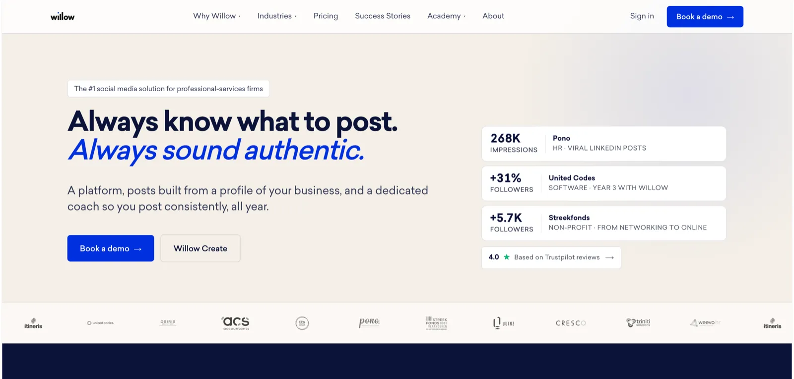 willow.co in August 2026, with customer results in the hero