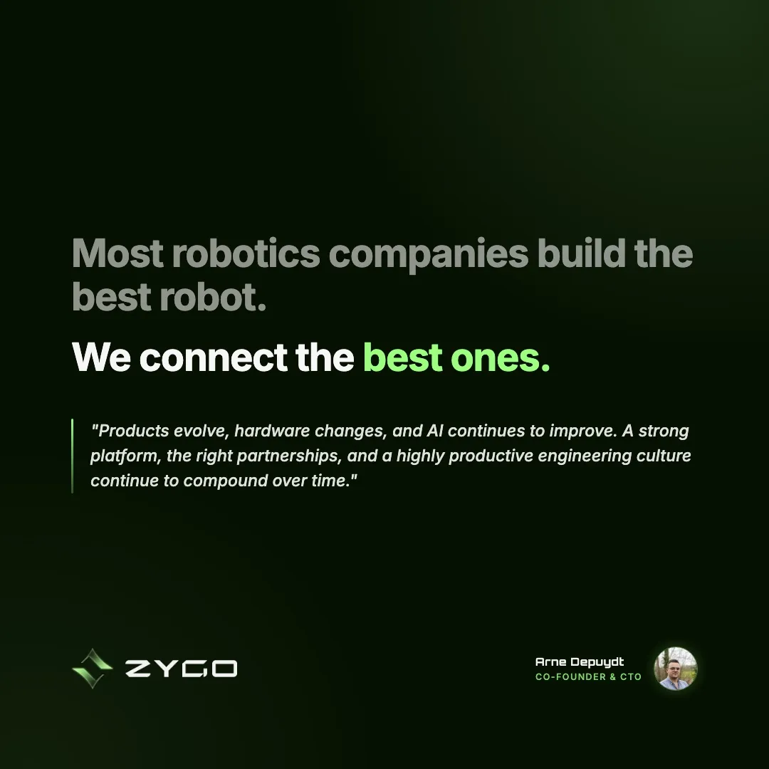 A ZYGO LinkedIn post quoting Arne, CTO: most robotics companies build the best robot, we connect the best ones