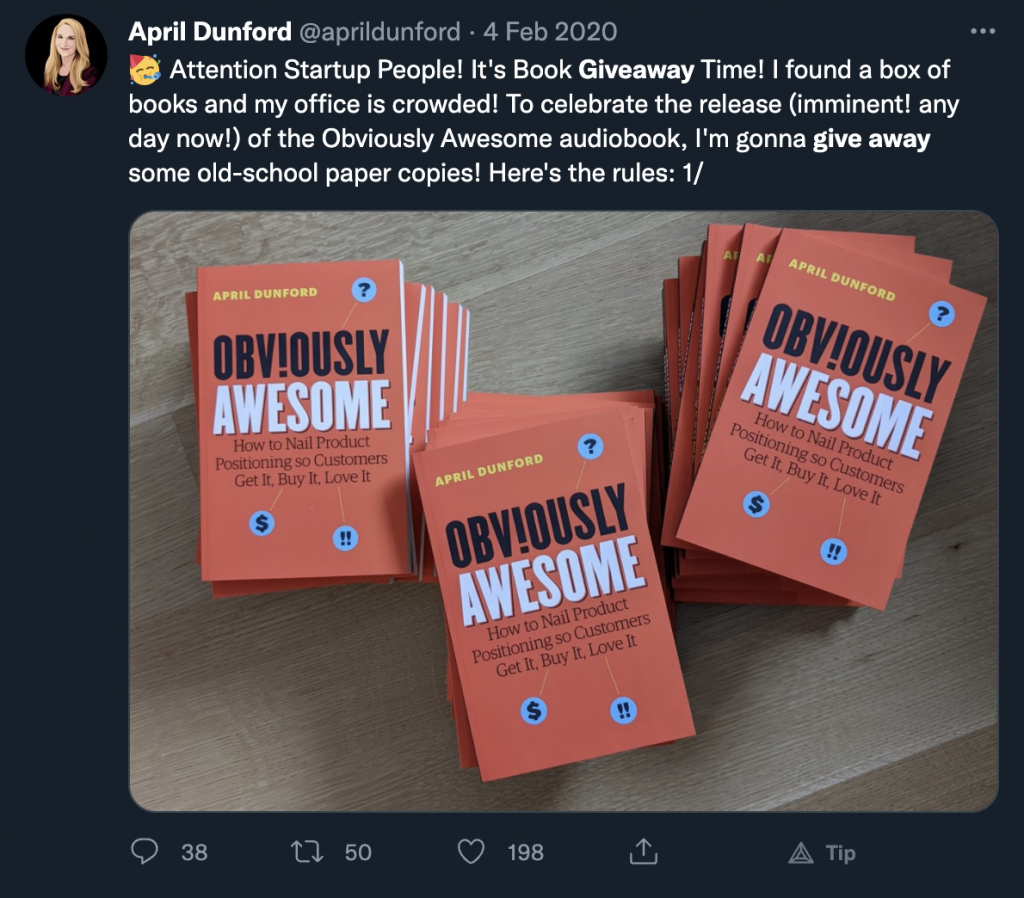 Book marketing expert April Dunford organises a social media giveaway