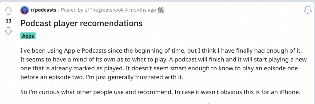 Reddit community post about podcasts: perfect for audience research