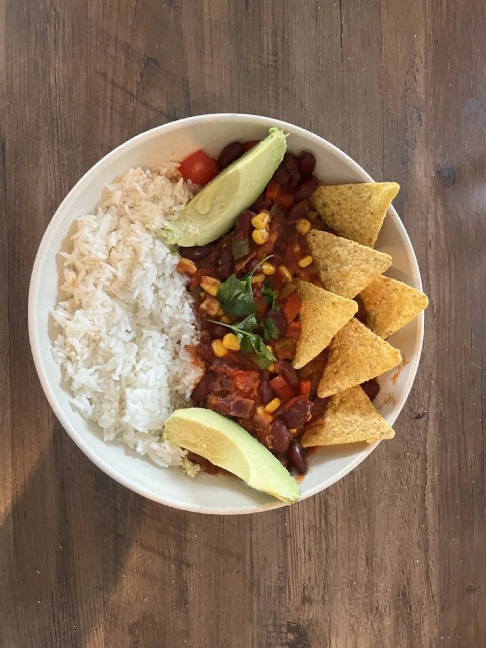 chile sin carne with rice, avocado and tortilla chips